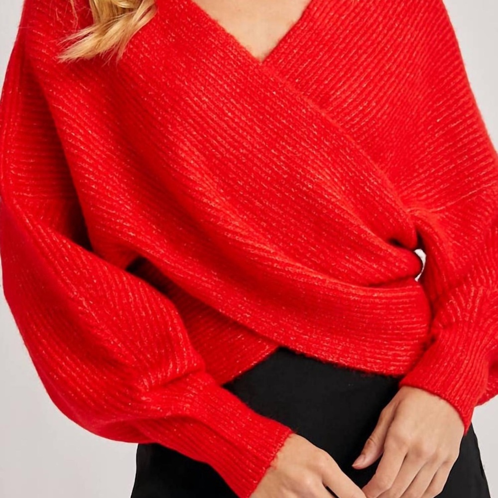 Ruby Wrap Crossover Ribbed Fuzzy Knit Sweater Sz L - image 2